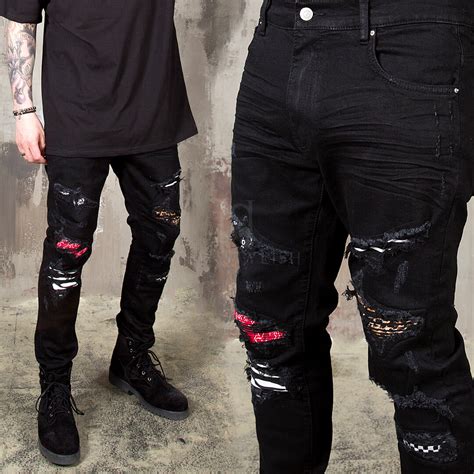 Bottoms ★sold Out ★artistic Pattern Layered Distressed Black Jeans