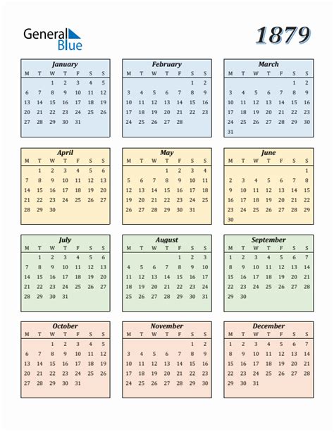 1879 Yearly Calendar Templates With Monday Start