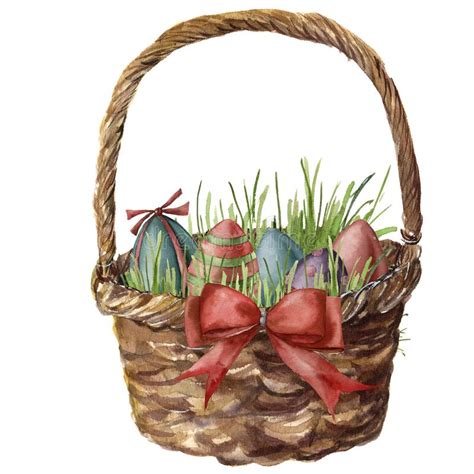 Watercolor Easter Basket With Eggs Hand Painted Basket With Green Red