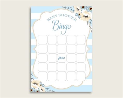 Blue White Baby Shower Bingo Blank Game Printable Stripes Baby Shower