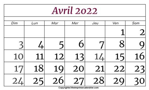 Gratuit Calendrier 2022 Avril Modèles Imprimables In Pdf