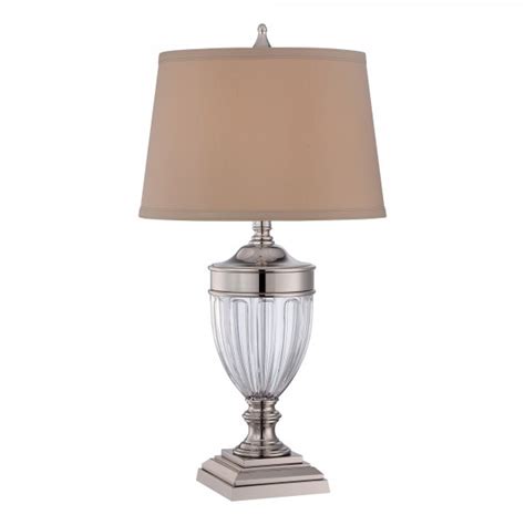 Urn Shaped Glass Table Lamp With Nickel Detailing And Tan Shade
