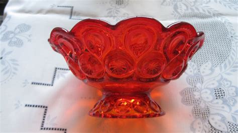 Elegant Amberina Glass Bowl Compote Has Moon And Stars Pattern And Ruffled Edges Ruby Red With