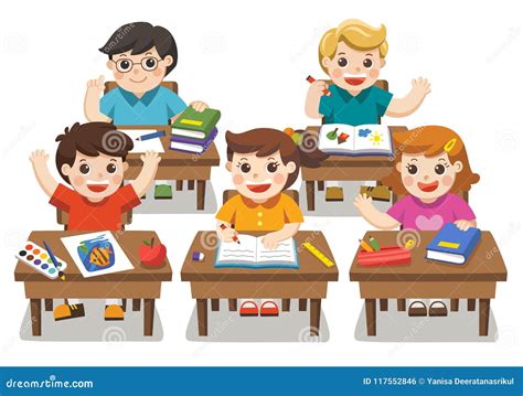 School Lesson Little Kids Pupil Students With Teacher Classroom With
