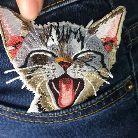 1 Piece Crazy Laugh Kitty Cat Full Embroidered Iron On Patch For Dress Clothes Applique Stickers