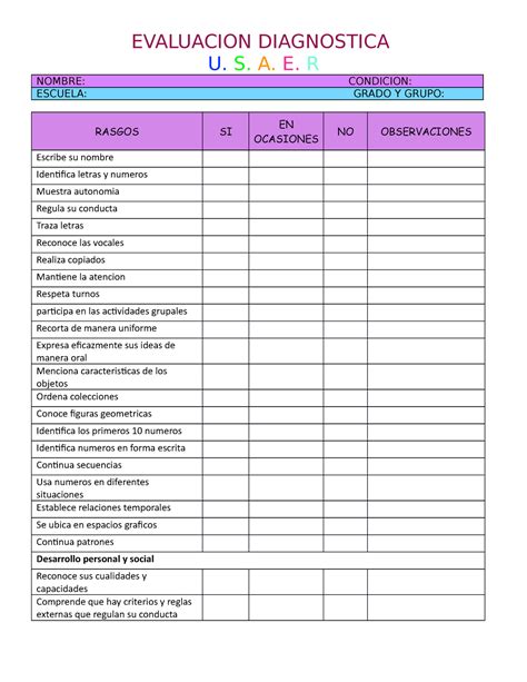 Lista De Cotejo Para Evaluar En Preescolar Evaluacion Diagnostica U S A E R Nombre
