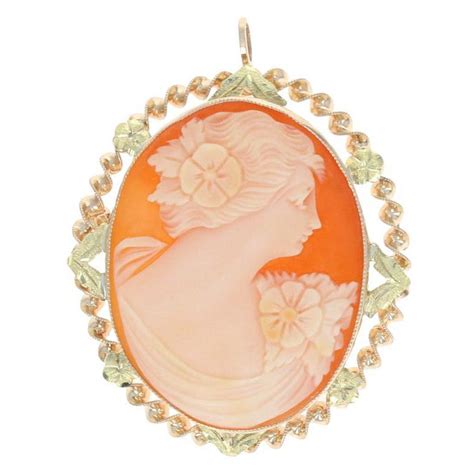 Vintage Shell Cameo Brooch 10k Yellow Green Rose Gold Convertible