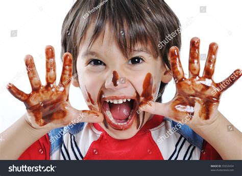 Chocolate On Hands And Face Funny Cute Boy Stock Photo 55553434