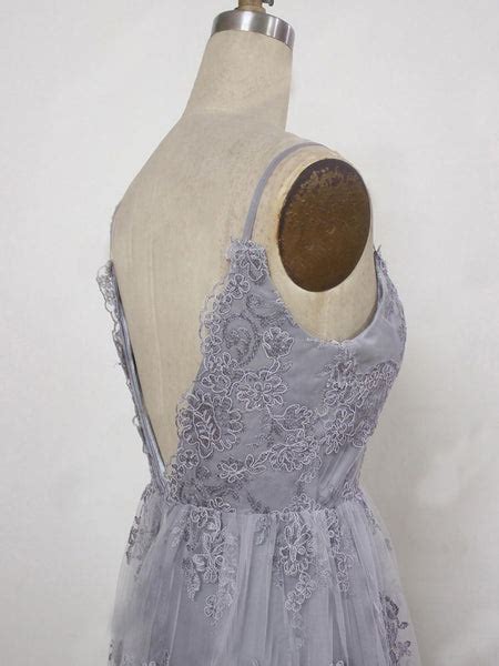 A Line Spaghetti Straps Backless Gray Lace Prom Dresses Gray Backless