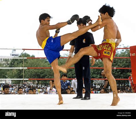 Muay Thai Thai Boxing Two Men Fighting In A Boxing Ring Bangkok