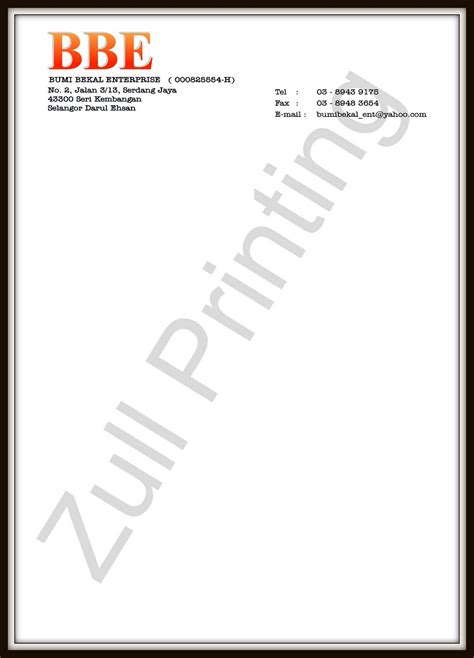 Company logo and letterhead reference ZULL PRINTING: Letterhead Dari Syarikat Swasta
