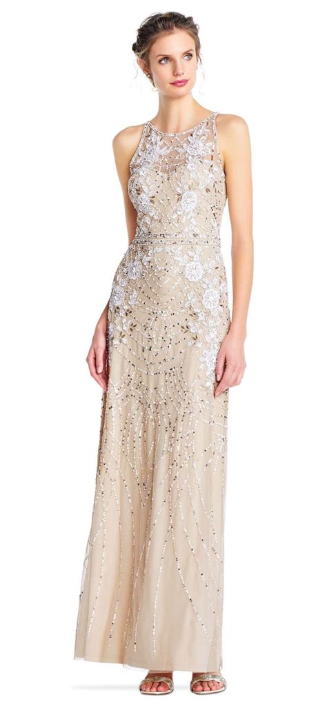 Adrianna Papell Daisy Beaded Halter Gown With Illusion Back Gowns