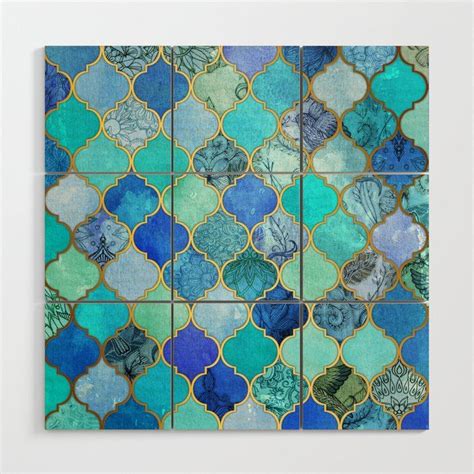 Buy Cobalt Blue Aqua Gold Decorative Moroccan Tile Pattern Wood Wall Art By Micklyn
