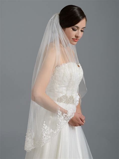 Ivory elbow alencon lace wedding veil V037n-V037n