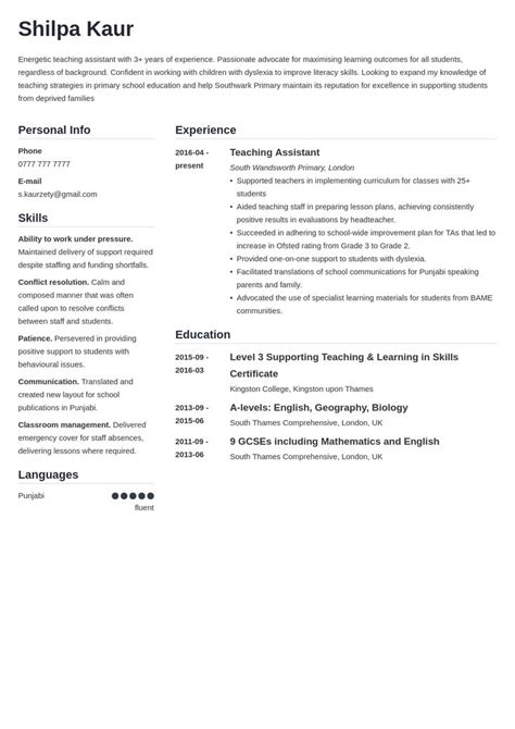 Uk Teaching Assistant Cv Example Template Simple Teaching Assistant Guided Writing Cv Examples