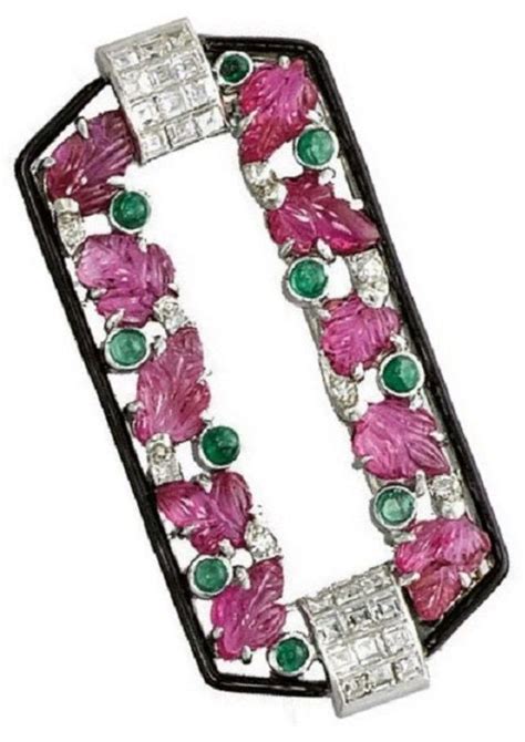 An Art Deco Tutti Frutti Multi Gem Black Enamel And Diamond Brooch