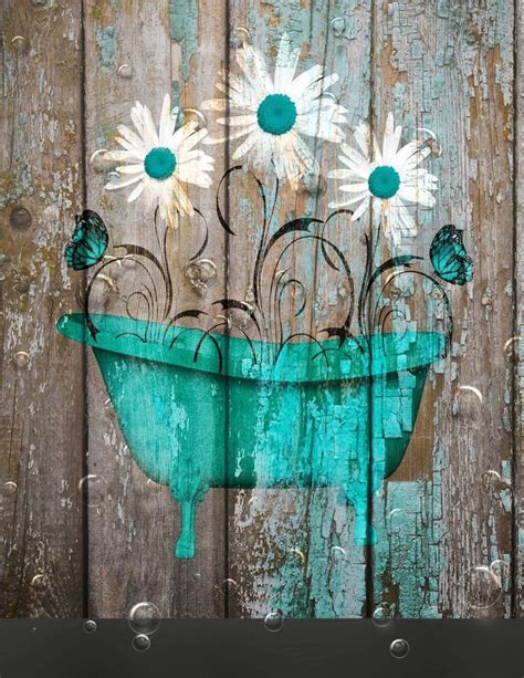 Teal Brown Rustic Farmhouse Bathroom Daisy Flowers Butterflies Wall Art