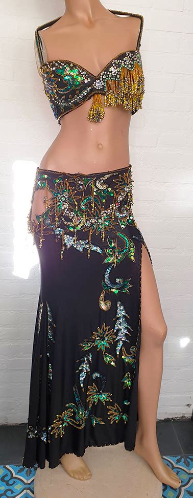 Belly Dance Costume In Black With Green And Gold Sequins Bellydance Webshop Majorelle