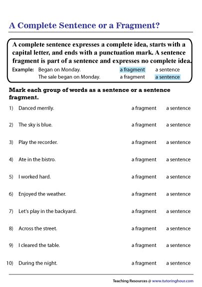 Complete Sentence Vs Fragment Worksheet
