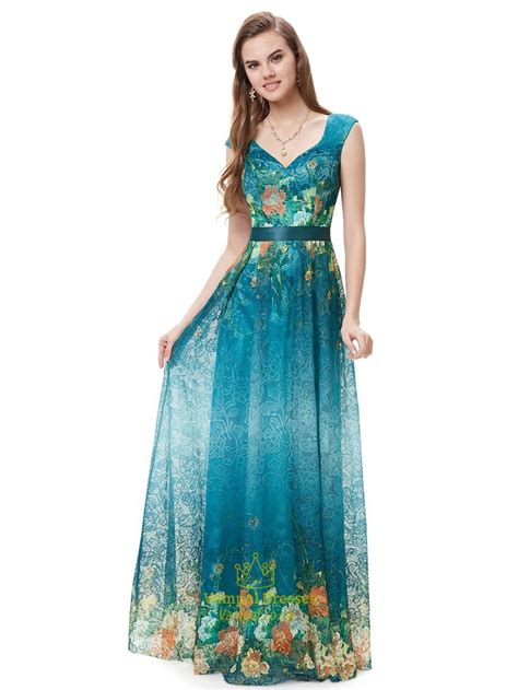 Elegant Teal Blue V Neck Floral Print Prom Dresses With