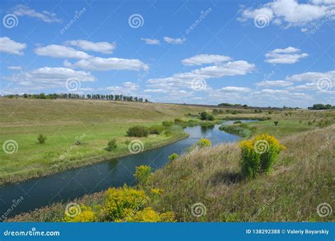 Sunny Summer Landscape With River Curve And Growing On The Riverbank