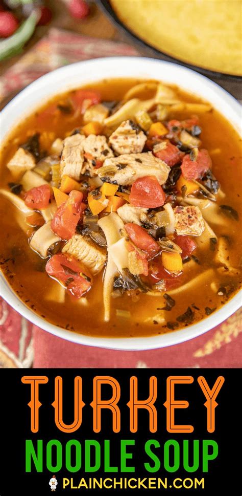 Turkey Noodle Soup - the BEST soup EVER! Turkey, spinach, tomatoes, and