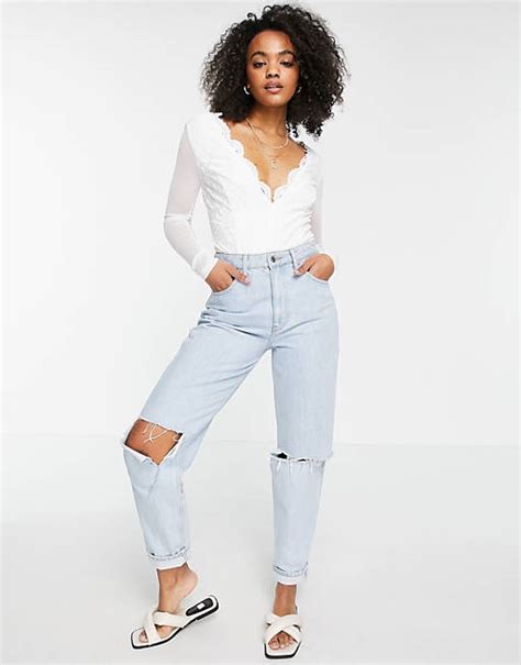 Love Triangle Lace Bodysuit With Sheer Sleeves In White Asos