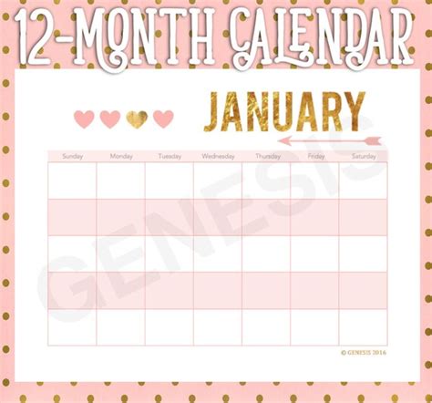 12 Month Calendar Printable Instant Download Gold And Pink