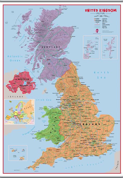 Large Primary Uk Wall Map Political Rolled Canvas With Hanging Bars