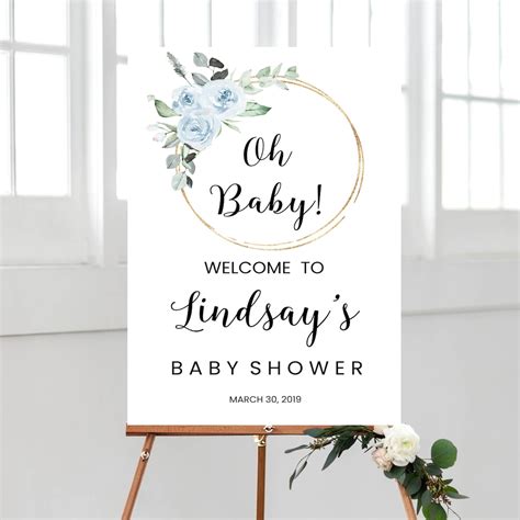 Baby Shower Welcome Sign Blue Flowers Baby Shower Decoration Etsy