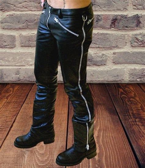 Mens Real Leather Zip Up Double Slider Zip Leather Pant Etsy Uk