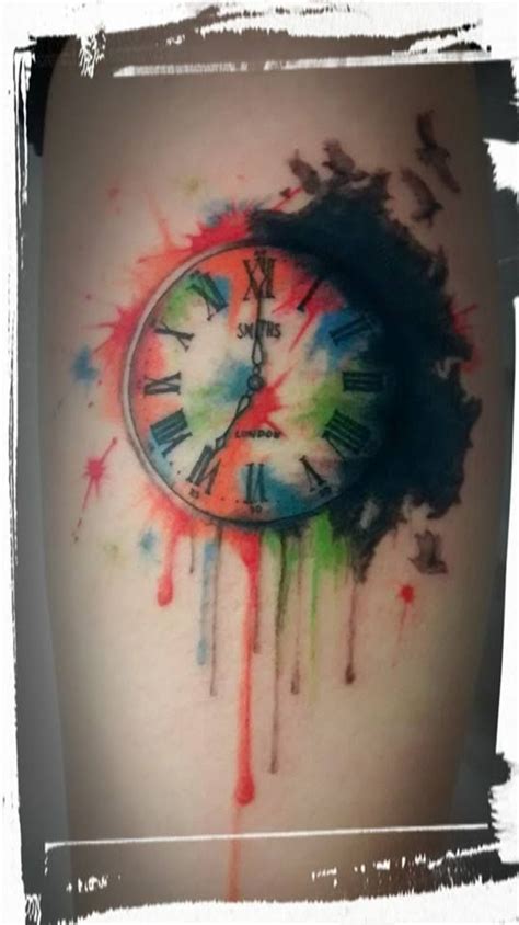 Clockwatercolor Tattoo With Birds Flying