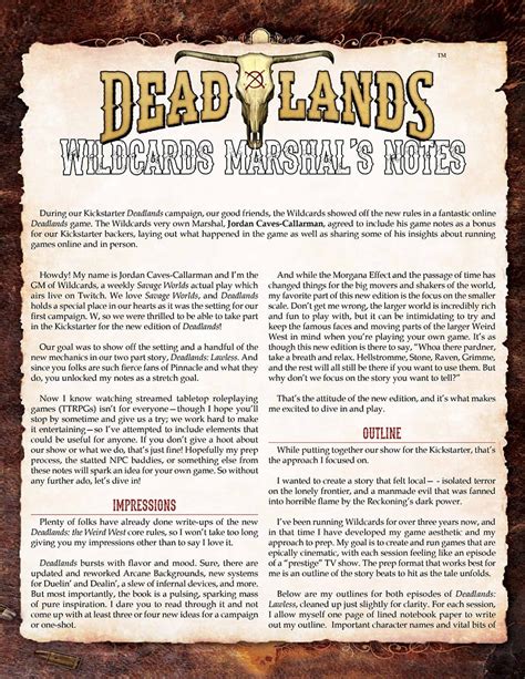 Deadlands The Weird West Wildcards Marshals Notes Free Pdf