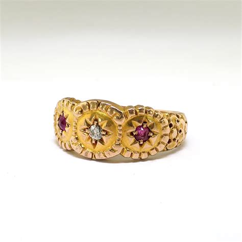 Antique Victorian Diamond Ruby Star Set Three Stone Gypsy Ring 10k Gold
