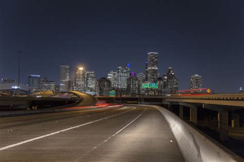 Houston Downtown From Freeway At Night Stock Image Image Of Midtown