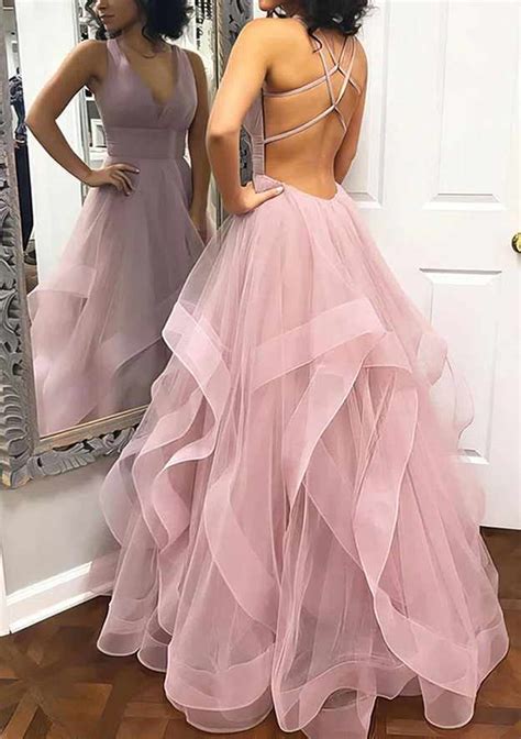 A Line Princess V Neck Tulle Long Floor Length Prom Dress With Pleated Prom Dresses Stacees