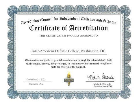 Acics Accreditation Certificate Inter American Defense College