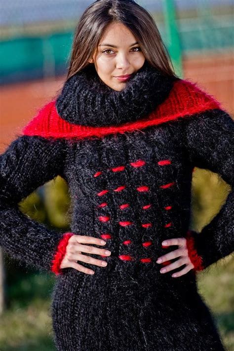 Black Mohair Dresst Neck Sweaterhand Knit Dressfluffy Pullovermaxi Unisex Dressturtleneck