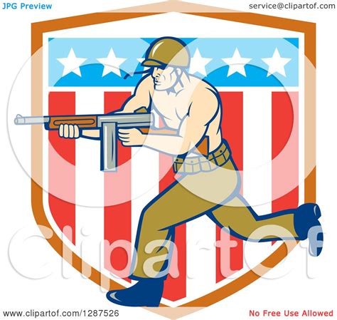Clipart Of A Cartoon Army Soldier Running With A Tommy Gun Over An