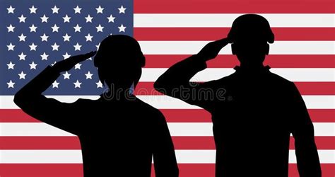 Silhouette American Soldiers Salute On Usa Flag A Silhouette American