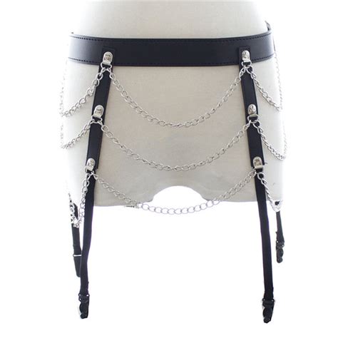 sexy faux leather garters punk metal chain tassel waist around garter belt for women girdle