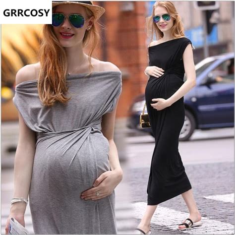 GRRCOSY Sexy Long Modal Boat Neck Pregnancy Dress Maternity