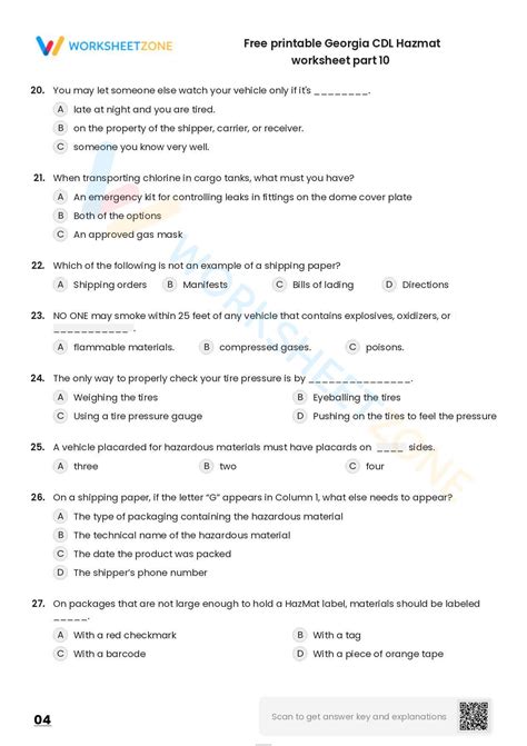 Free printable Georgia CDL Hazmat practice test | Worksheet Zone