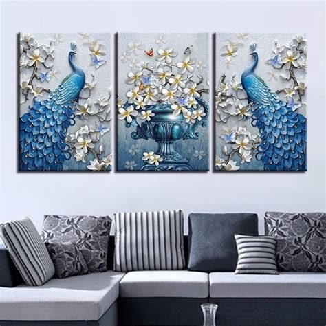 Choose a piece of art (or a series) that is the same length as the furniture piece or smaller. Canvas Painting Living Room Decor 3 Pieces Blue Peacock ...