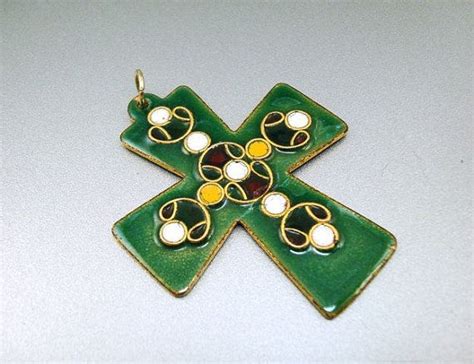 Vintage Cloisonne Cross Pendant Green Enamel On Copper Etsy Green