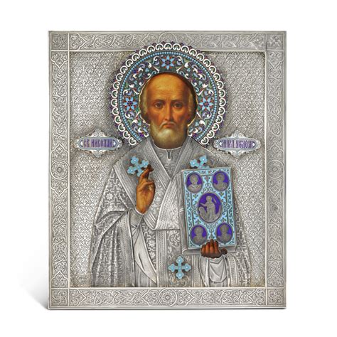 A Silver And Cloisonné Enamel Icon Of St Nicholas The Wonderworker