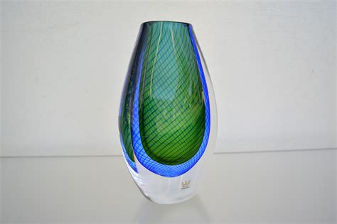 Huge Vicke Lindstrand Art Glass Vase Signed Kosta Boda Vintage Blue Green Netting Vase