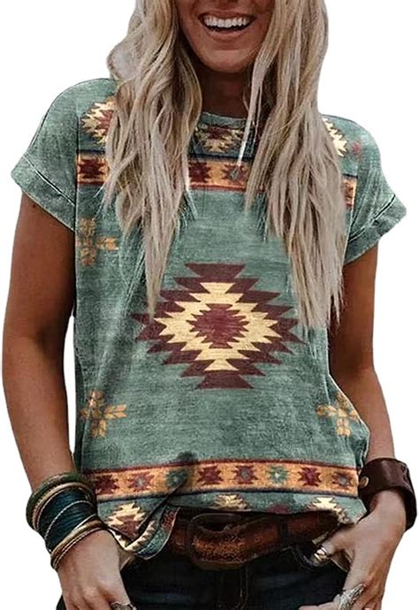 Western Aztec Ethnic Diamond Print Shirt For Women Summer Short Sleeve Tops Western Aztec Loose