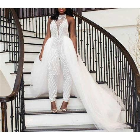 white bridal jumpsuit with a long detachable train prom etsy in 2021 wedding reception