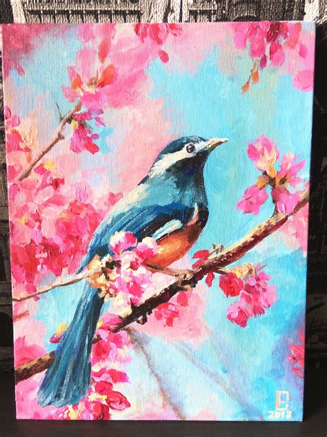 Brush Painting Colorful Spring Bird Painting Singing Of Etsy